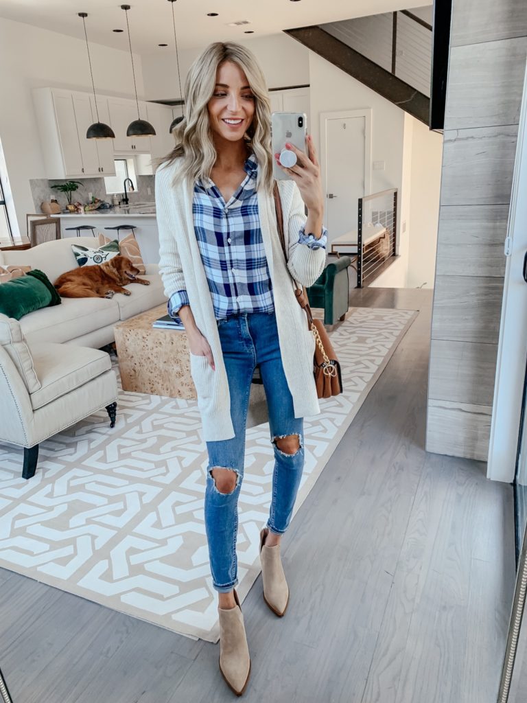plaid top cream cardigan fall outfit