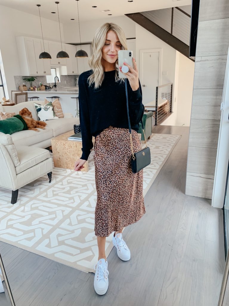 something navy leopard midi skirt outfit